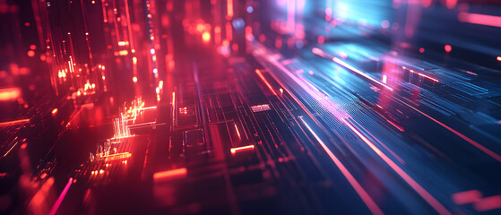 Abstract digital background with red and blue glowing lines.