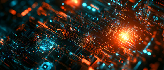 Obraz premium Abstract digital circuit board with glowing orange and blue lights.