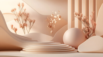 Fototapeta premium Abstract podium with a sphere and dried plants on a beige background.
