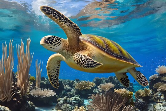 A sea turtle its shell and swiming in water