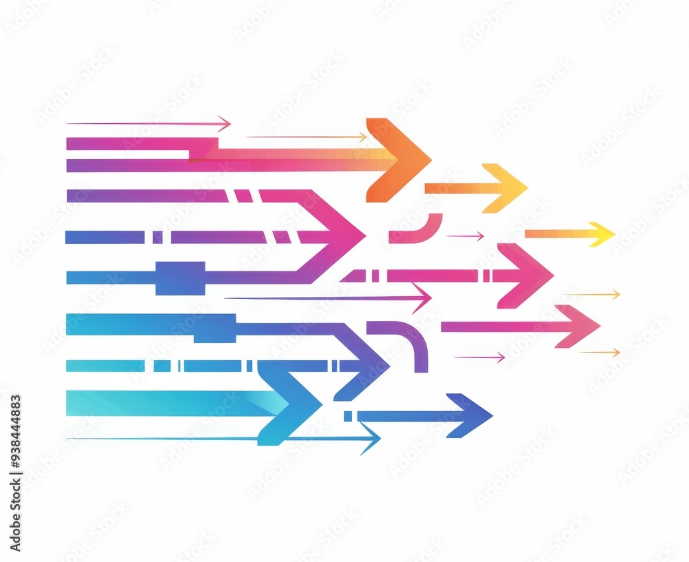 Aufkleber multiple colorful arrows pointing in one direction with large empty space for emphasis on white back