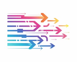 Multiple colorful Arrows Pointing in One Direction with Large Empty Space for Emphasis on White Background