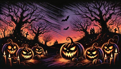 Halloween grunge background with jack o lanterns at night.