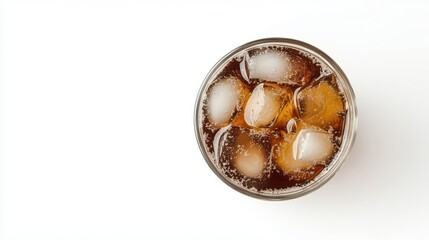 Detailed view of cola soda in a glass, showing bubbles and ice, highlighting the refreshing, fizzy texture of the cold beverage