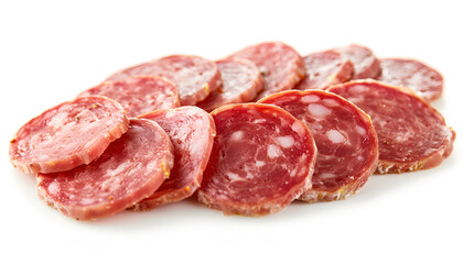 Sausage slices isolated on white background, full depth of field