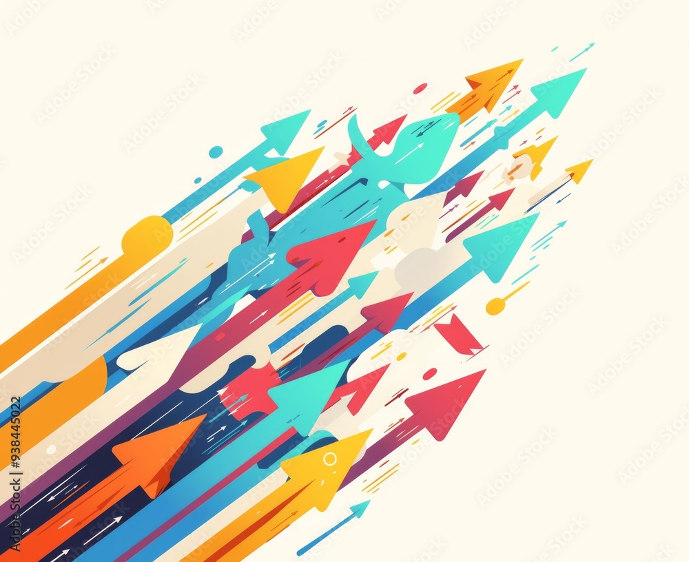 Aufkleber multiple colorful arrows pointing in one direction with large empty space for emphasis on white back