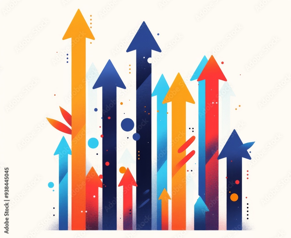 Aufkleber multiple colorful arrows pointing in one direction with large empty space for emphasis on white back