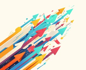 Multiple colorful Arrows Pointing in One Direction with Large Empty Space for Emphasis on White Background
