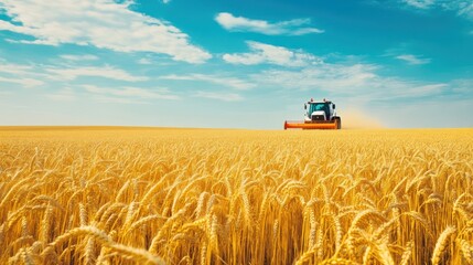 Fototapeta premium Tractor Harvesting Wheat Field