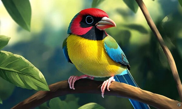 2D cartoon depiction of a baby Gouldian finch