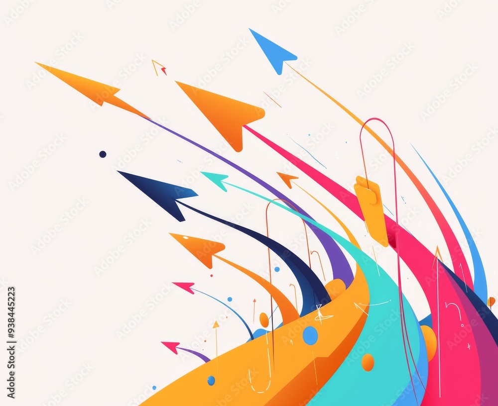 Aufkleber multiple colorful arrows pointing in one direction with large empty space for emphasis on white back