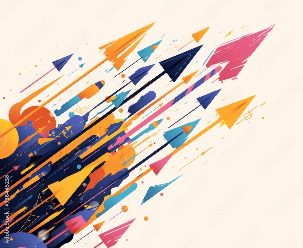 Aufkleber multiple colorful arrows pointing in one direction with large empty space for emphasis on white back