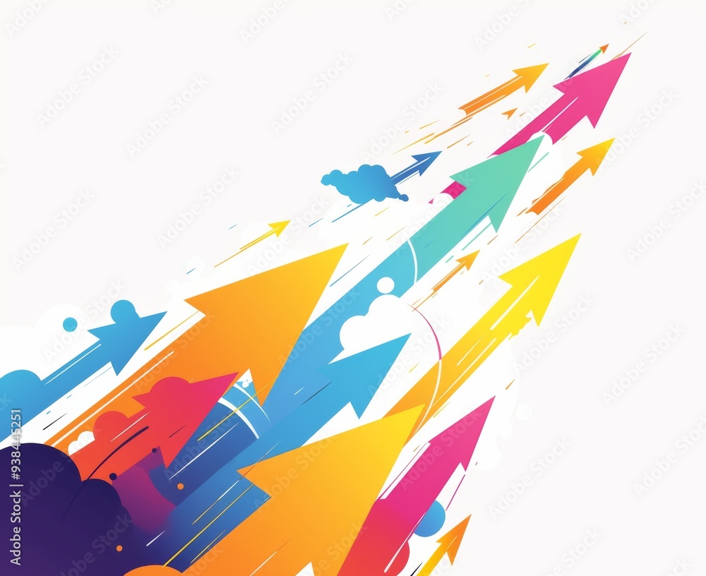 Aufkleber multiple colorful arrows pointing in one direction with large empty space for emphasis on white back