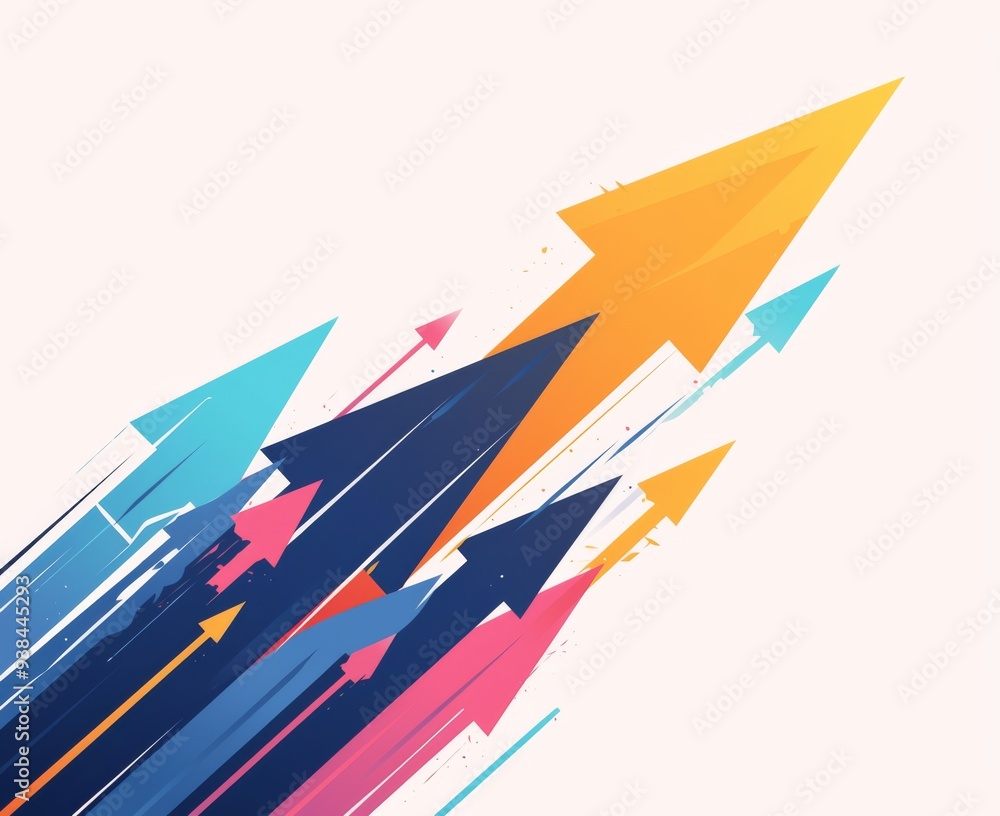 Aufkleber multiple colorful arrows pointing in one direction with large empty space for emphasis on white back
