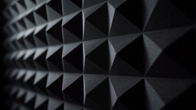 Detailed view of dark brown sound-absorbing foam wall with pyramid pattern, used for acoustic treatment in recording studios.