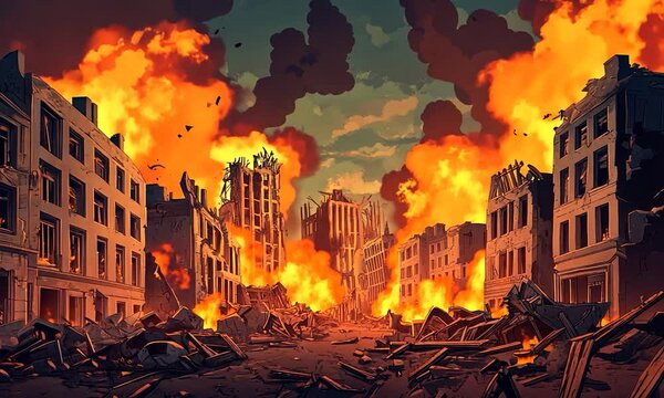 2D cartoon depiction of a city in ruins with buildings engulfed in flames illustrating a scene of chaos and destruction related to nuclear devastation