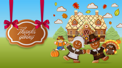 thanksgiving banner with gingerbread man and woman with pilgrim clothes. thanksgiving background with gingerbread landscape