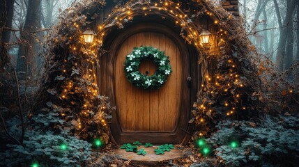 Enchanted Woodland Christmas Hobbit House with Illuminated Wreath and Mystical Glowing Lights in a Magical Forest Setting