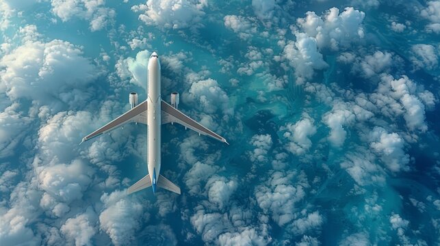 A commercial airplane flies high above the clouds over the blue ocean waters. The sun is shining brightly as the plane leaves a long contrail behind it, creating a stunning scene in the sky.