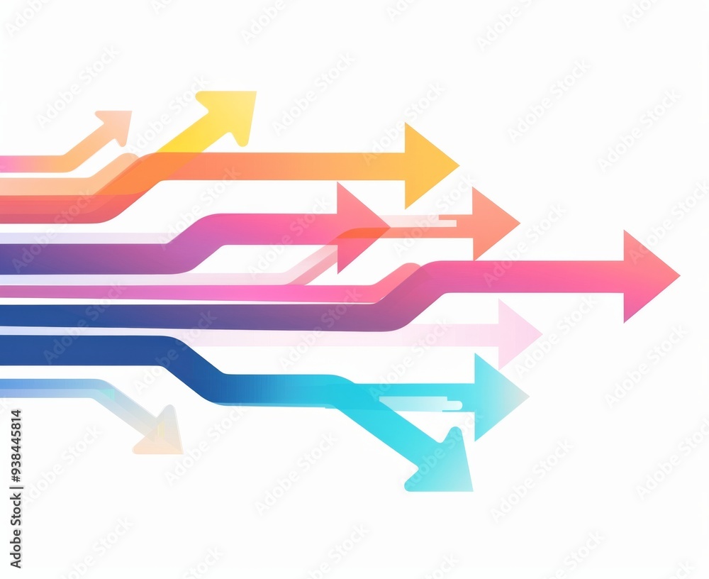Poster minimalist illustration of colorful arrow pointing in different directions with colored lines on a w