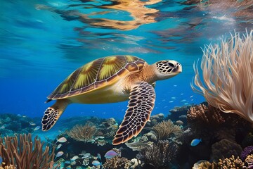 Obraz premium A sea turtle its shell and swiming in water