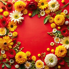 Obraz premium Red Background Floral Border with Yellow, White, and Red Flowers