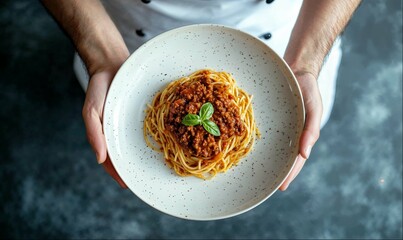Chef holding plate of Bolognese pasta, close-up, top view, dark background with copy space