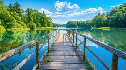Obraz premium Wooden bridge leading to a calm lake surrounded by lush greenery with a beautiful blue sky and fluffy clouds.