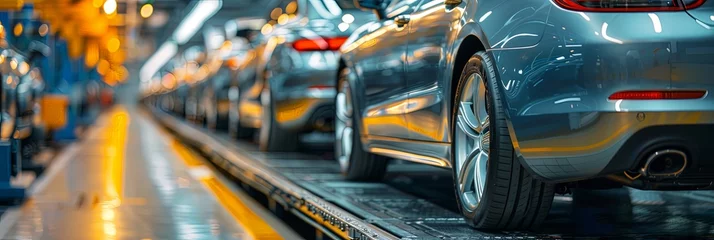 A closer view of cars in various stages of the production process in a modern, well-lit factory assembly line, showcasing the advanced machinery and technology in the automotive industry.