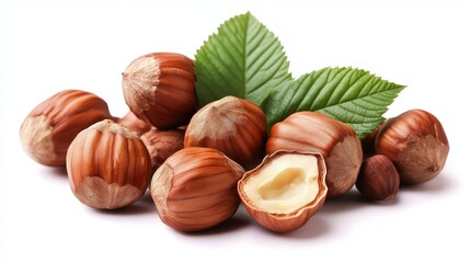 A group of hazelnuts with a green leaf on a white background. One hazelnut is open, revealing the white kernel inside.