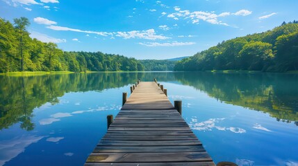 Wooden pier extending into a calm lake surrounded by lush green trees with a blue sky and white clouds overhead.