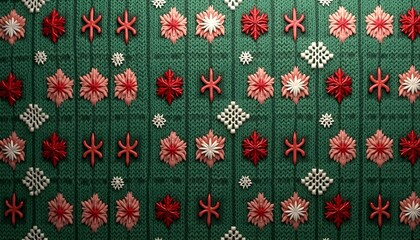 A seamless knitted pattern with snowflakes and geometric shapes in shades of green, red, and white