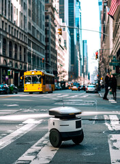 Obraz premium Robot delivering groceries and food from restaurants on the streets of a big city 