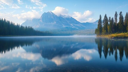 Reflective lake with stunning mountain views ideal for creating calming and scenic wallpaper designs