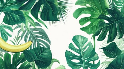 A colorful image of bananas and leaves.