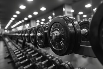 Fototapeta premium A set of black rubber hex dumbbells neatly arranged on a rack in a commercial gym. The rack is against a wall with a shiny floor, ready for an intense workout session.