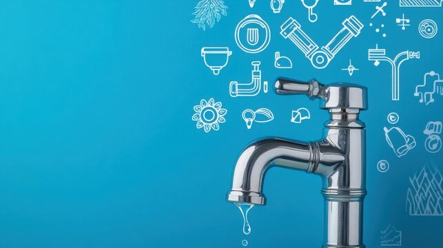 A faucet is elegantly surrounded by various plumbing icons displayed on a vibrant blue background, creating an engaging visual composition