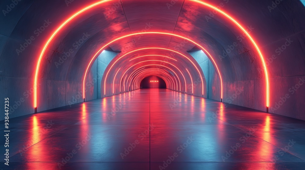 Poster image features a futuristic tunnel with glowing red neon lights, casting reflections on the smooth, 