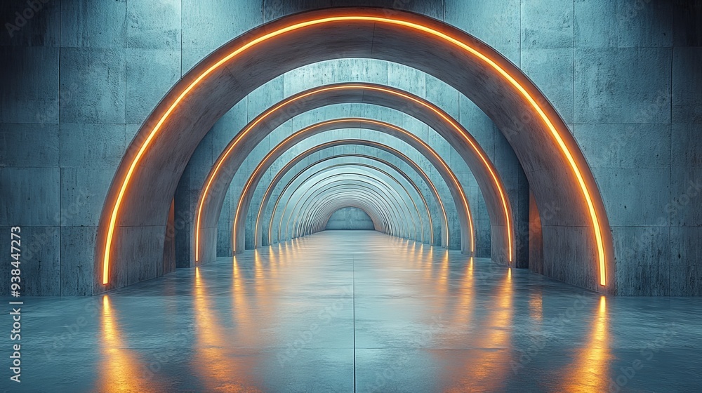 Poster image features a futuristic, symmetrical tunnel with glowing neon orange lines illuminating the conc