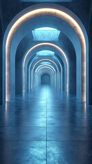 Obraz premium Image features a futuristic corridor with illuminated archways, sleek blue tones, reflective flooring, and a series of ceiling lights