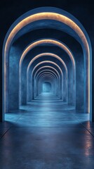 Fototapeta premium Futuristic hallway features a series of illuminated arches creating a repetitive, vanishing point effect, with smooth, reflective floors