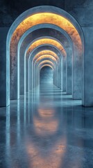 Naklejka premium Image features a series of symmetrical, glowing archways in a modern, reflective, and futuristic corridor with blue and warm lights