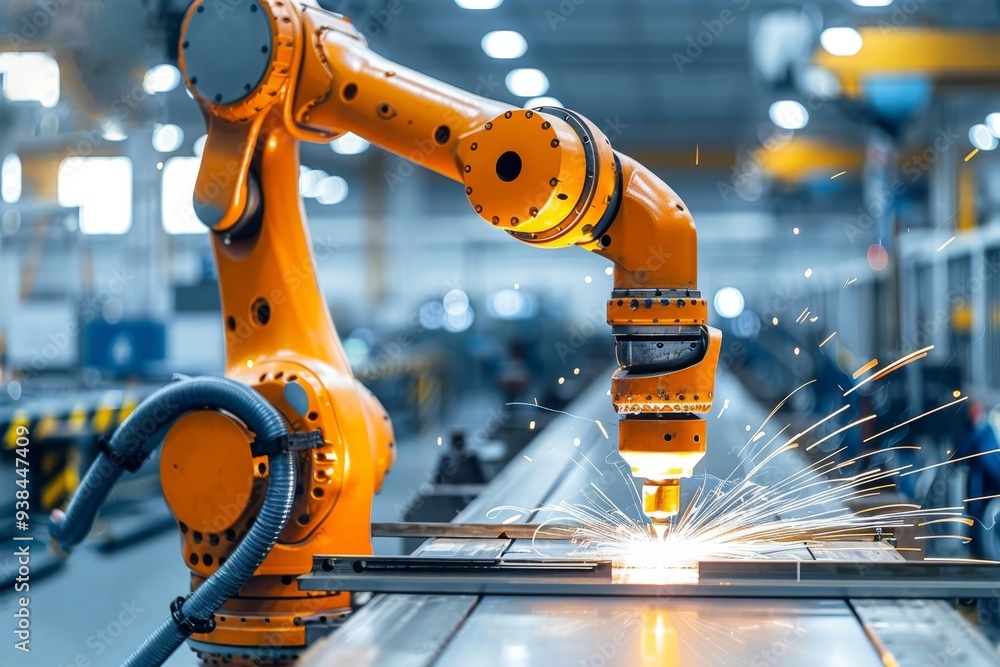 Poster a precision industrial robot arm is welding in a high-tech factory, creating bright sparks and demon