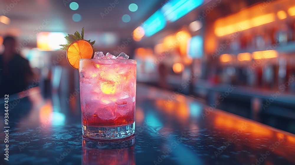 Poster cocktail garnished with a lime slice and mint leaf sits on a bar counter with colorful background li