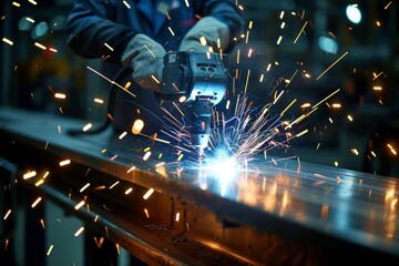 An industrial welder in a factory, wearing protective gear, using a welding torch to join a metal beam. Bright sparks fly due to intense heat. Displaying skill and precision in metalworking.