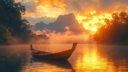 Wooden boat floats on a serene lake, surrounded by misty trees with a stunning mountain backdrop at sunrise or sunset