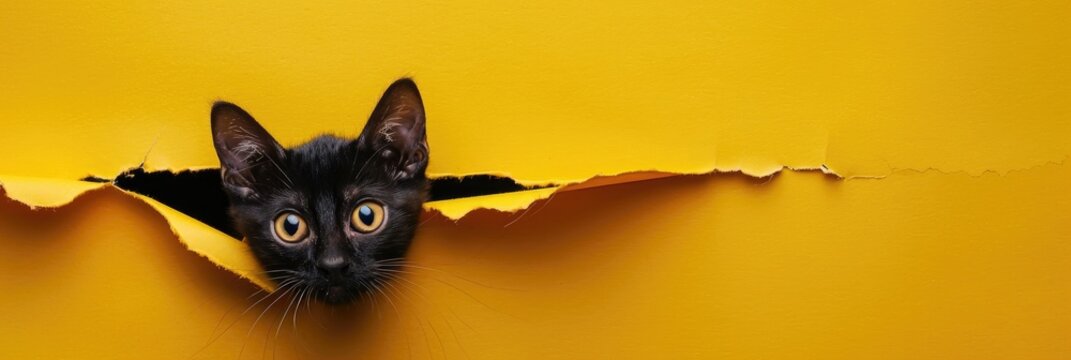 Playful young black cat gazes through a ripped opening in yellow paper, embodying a mischievous spirit. Peekaboo theme with space for text.