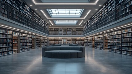 Fototapeta premium A modern library interior with a skylight and a circular couch in the middle of the room.