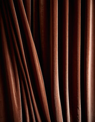 Curtain with soft smooth flowing folds. Deep brown color and luxurious texture create a dramatic and elegant atmosphere. Decoration and interior design. Expensive curtain made of rich fabric. AI