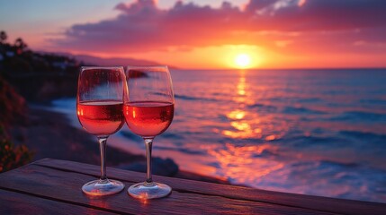 Two glasses of rosé wine on a table overlooking ocean sunset. romantic beach evening.